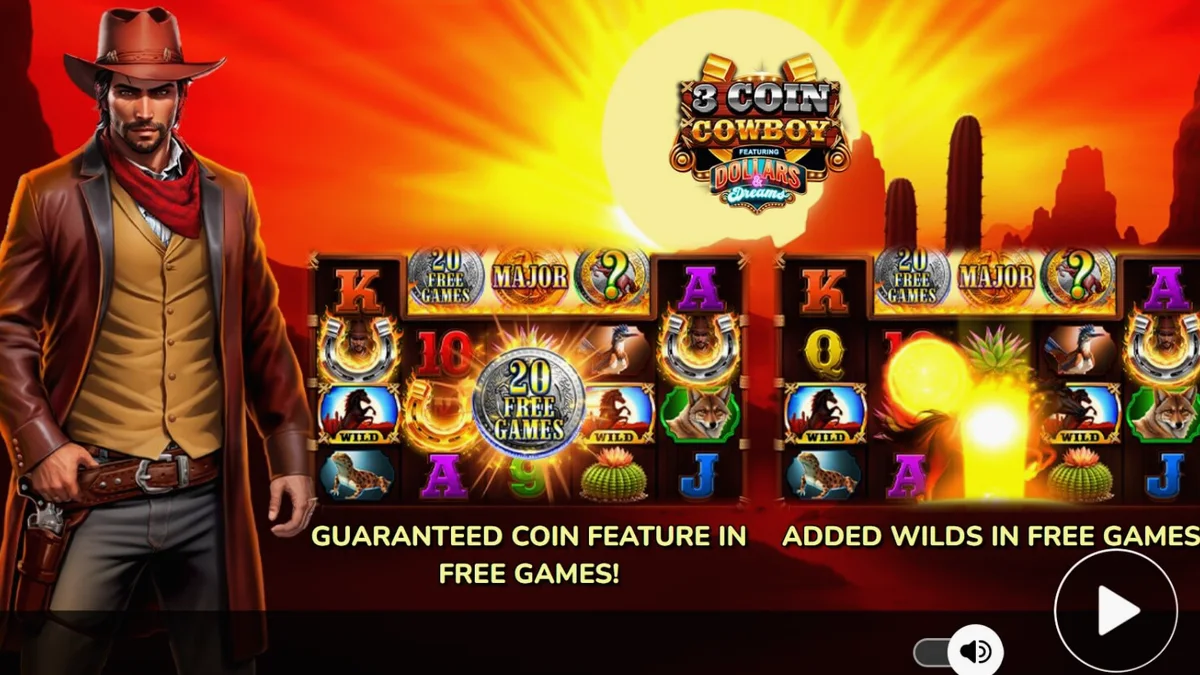 Cena do jogo 3 Coin Cowboy Dollars & Dreams com tema de Velho Oeste e símbolos de moedas douradas.