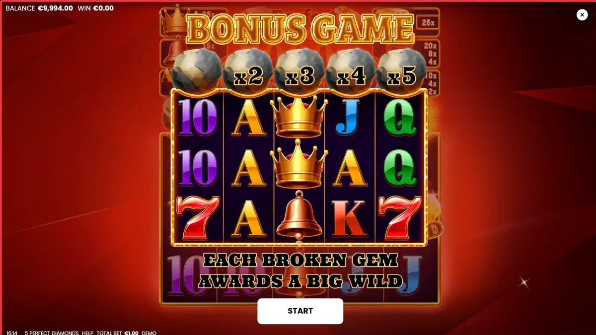 Interface brilhante do jogo 5 Perfect Diamonds com diamantes e símbolos clássicos