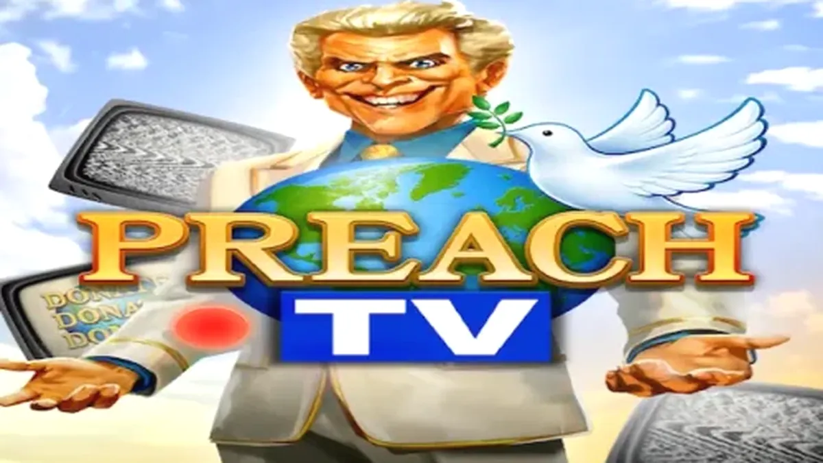 Tela principal do slot Preach TV com o apresentador e o estúdio de TV